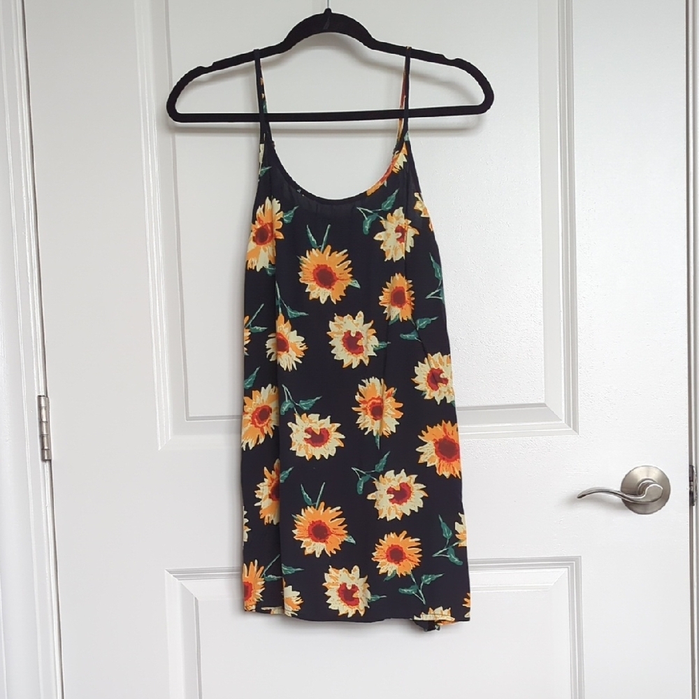 Sunflower Print Black Slip Dress